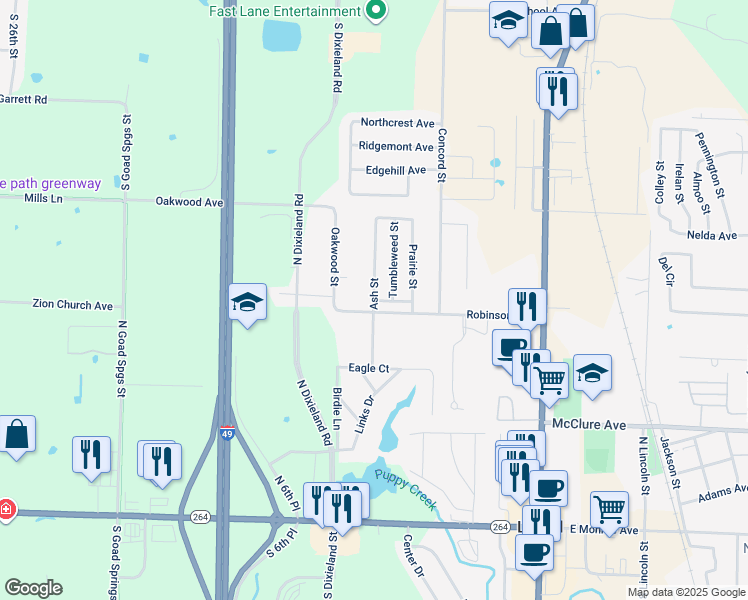 map of restaurants, bars, coffee shops, grocery stores, and more near 503 Ash Street in Lowell