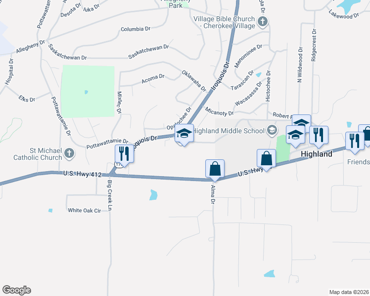 map of restaurants, bars, coffee shops, grocery stores, and more near 1627 Highway 62 412 in Highland