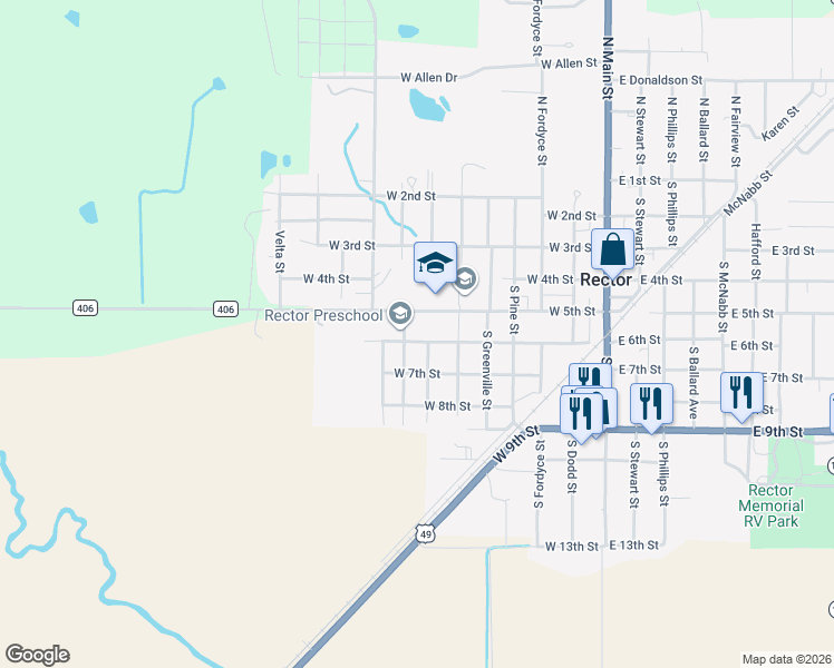 map of restaurants, bars, coffee shops, grocery stores, and more near 721 West 5th Street in Rector