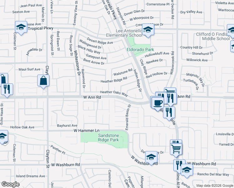 map of restaurants, bars, coffee shops, grocery stores, and more near 1445 Heather Oaks Way in North Las Vegas