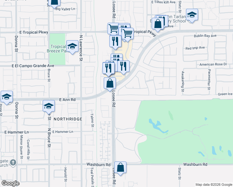 map of restaurants, bars, coffee shops, grocery stores, and more near 5634 Clarendon Lane in North Las Vegas