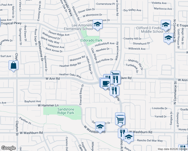 map of restaurants, bars, coffee shops, grocery stores, and more near 5616 Indian Ridge Drive in North Las Vegas