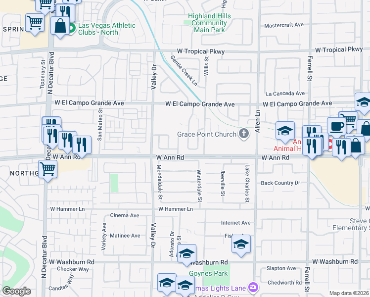 map of restaurants, bars, coffee shops, grocery stores, and more near 5628 Champagne Flower Street in North Las Vegas