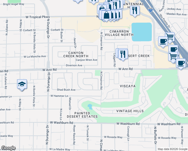 map of restaurants, bars, coffee shops, grocery stores, and more near 5591 North Cimarron Road in Las Vegas