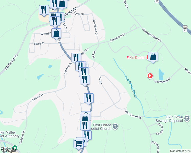 map of restaurants, bars, coffee shops, grocery stores, and more near 265 Ivy Circle in Elkin