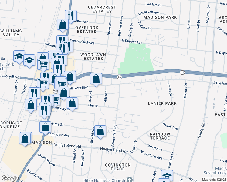 map of restaurants, bars, coffee shops, grocery stores, and more near 414 East Old Hickory Boulevard in Nashville