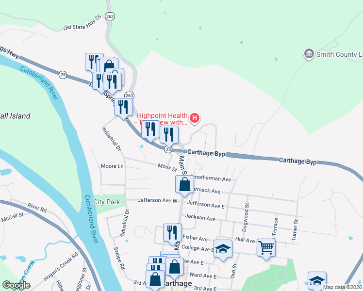 map of restaurants, bars, coffee shops, grocery stores, and more near 703 Main St N in Carthage