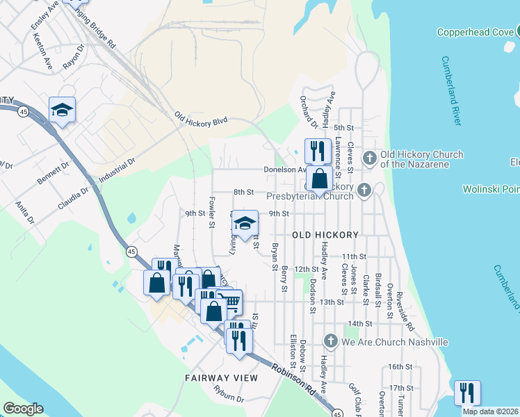 map of restaurants, bars, coffee shops, grocery stores, and more near 1200 9th Street in Nashville