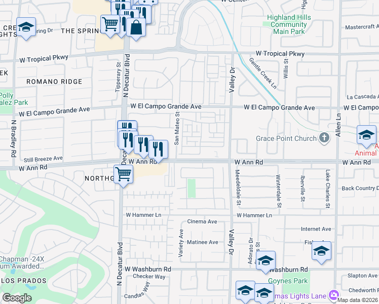 map of restaurants, bars, coffee shops, grocery stores, and more near 4444 Oberlander Avenue in North Las Vegas