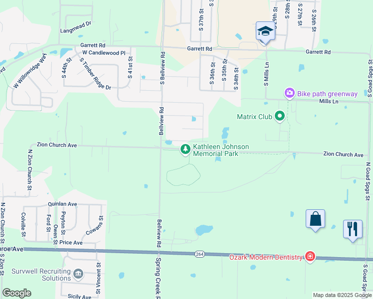 map of restaurants, bars, coffee shops, grocery stores, and more near Zion Church Road in Lowell