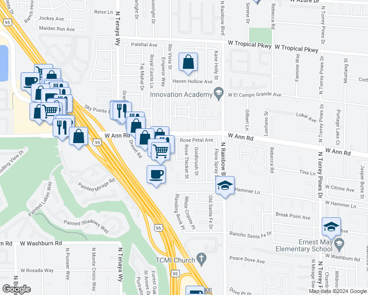 map of restaurants, bars, coffee shops, grocery stores, and more near 5521 Rose Thicket Street in Las Vegas
