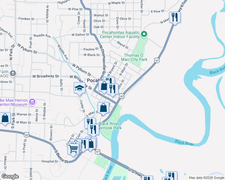 map of restaurants, bars, coffee shops, grocery stores, and more near 301-399 North Marr Street in Pocahontas