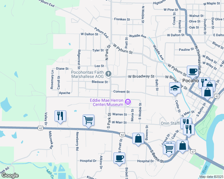 map of restaurants, bars, coffee shops, grocery stores, and more near 207 South Park Street in Pocahontas