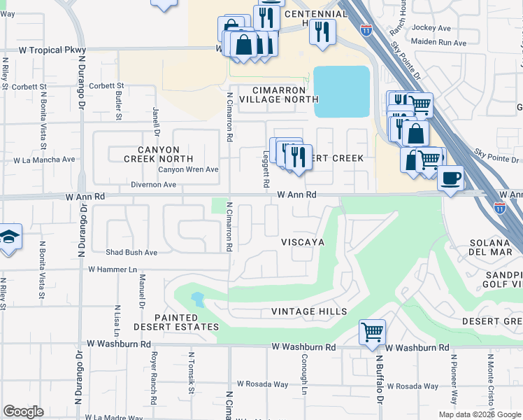 map of restaurants, bars, coffee shops, grocery stores, and more near 5521 Big Sky Lane in Las Vegas