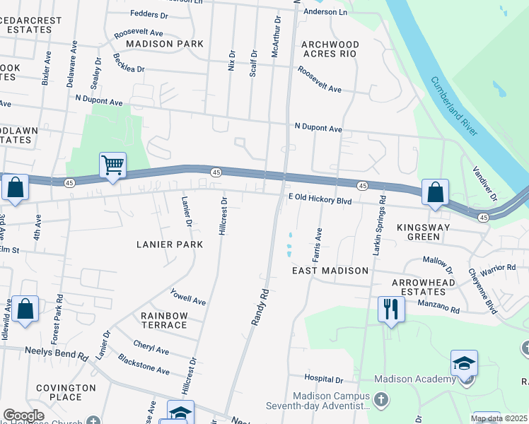map of restaurants, bars, coffee shops, grocery stores, and more near 98 Randy Road in Nashville