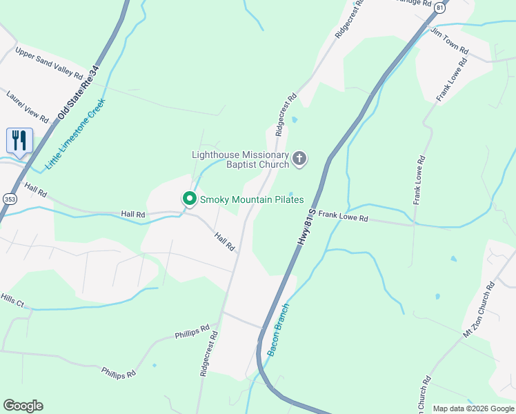 map of restaurants, bars, coffee shops, grocery stores, and more near 433 Ridgecrest Road in Jonesborough