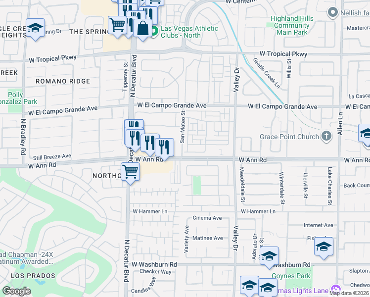 map of restaurants, bars, coffee shops, grocery stores, and more near 5625 Mount Athos Street in North Las Vegas