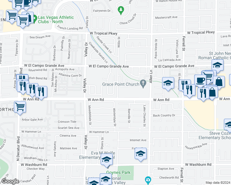 map of restaurants, bars, coffee shops, grocery stores, and more near 5612 Siena Rose St in North Las Vegas