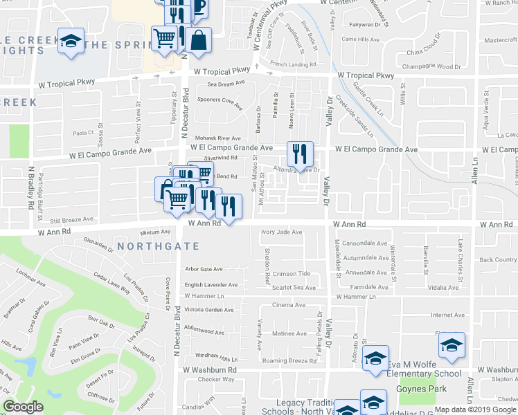 map of restaurants, bars, coffee shops, grocery stores, and more near 5625 Mount Athos Street in North Las Vegas