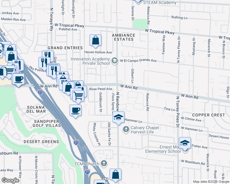 map of restaurants, bars, coffee shops, grocery stores, and more near 5590 North Rainbow Boulevard in Las Vegas