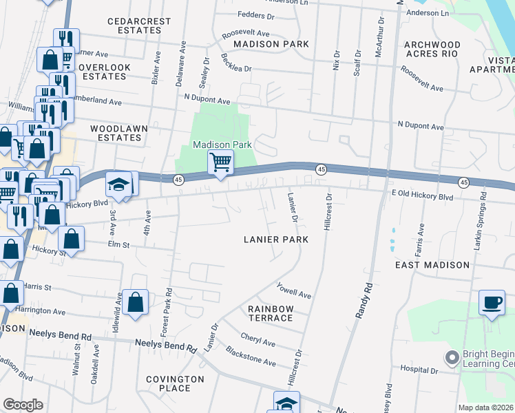map of restaurants, bars, coffee shops, grocery stores, and more near 1922 Lombardia Lane in Nashville