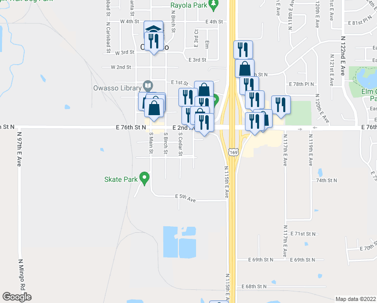 map of restaurants, bars, coffee shops, grocery stores, and more near 320 South Dogwood Street in Owasso