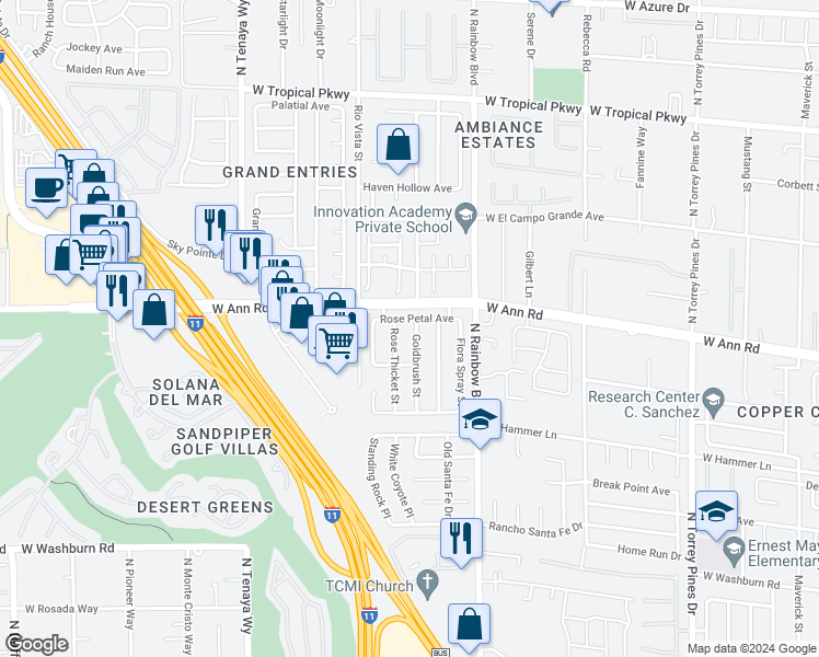 map of restaurants, bars, coffee shops, grocery stores, and more near 5525 Goldbrush Street in Las Vegas