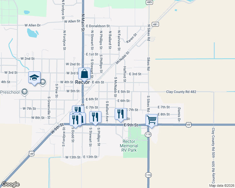 map of restaurants, bars, coffee shops, grocery stores, and more near 502 E 5th St in Rector