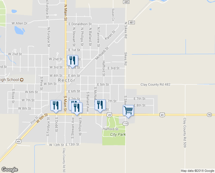 map of restaurants, bars, coffee shops, grocery stores, and more near 604 East 5th Street in Rector