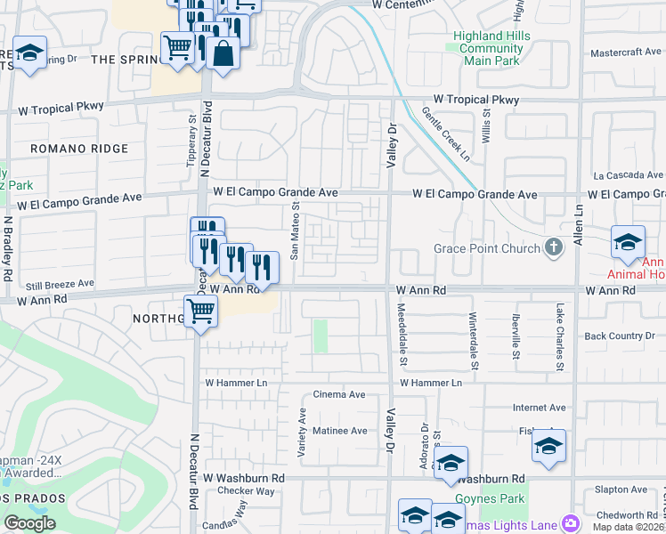 map of restaurants, bars, coffee shops, grocery stores, and more near 4421 Mount Penteli Avenue in North Las Vegas