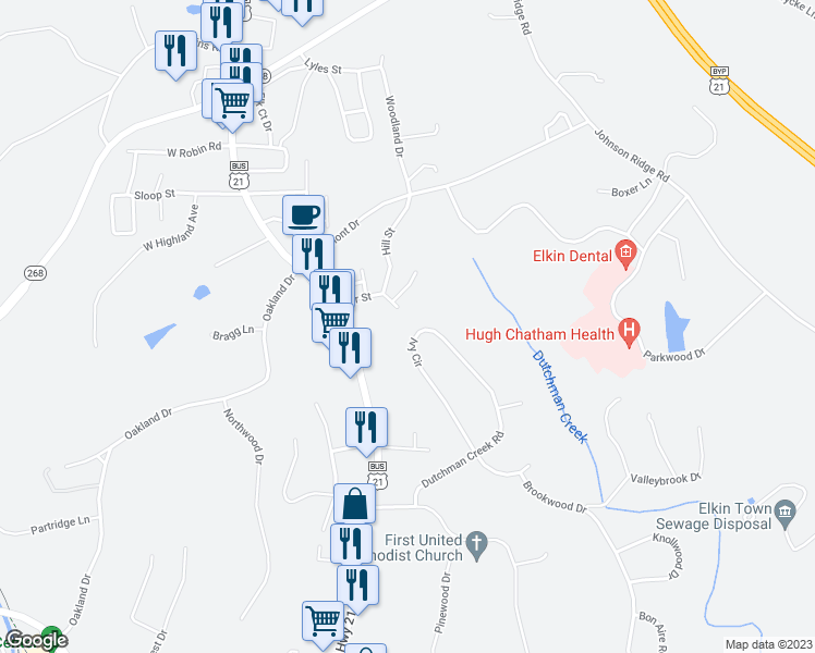 map of restaurants, bars, coffee shops, grocery stores, and more near 265 Ivy Circle in Elkin