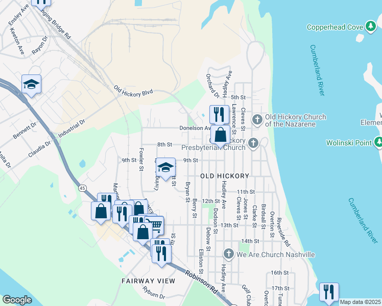 map of restaurants, bars, coffee shops, grocery stores, and more near 807 Bryan Street in Nashville