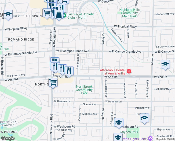 map of restaurants, bars, coffee shops, grocery stores, and more near 4445 Mount Penteli Avenue in North Las Vegas