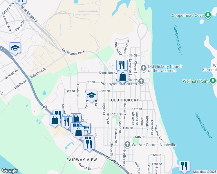 map of restaurants, bars, coffee shops, grocery stores, and more near 807 Bryan Street in Nashville