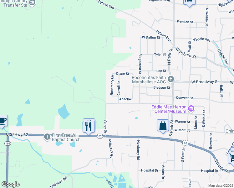 map of restaurants, bars, coffee shops, grocery stores, and more near 607 Carroll Street in Pocahontas