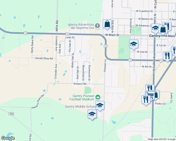 map of restaurants, bars, coffee shops, grocery stores, and more near 1172 Flint Place in Gentry