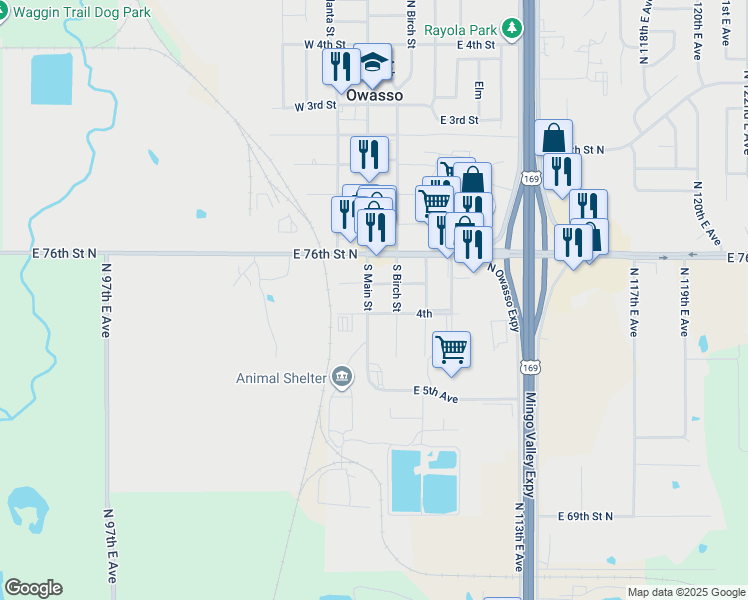 map of restaurants, bars, coffee shops, grocery stores, and more near 311 South Main Street in Owasso