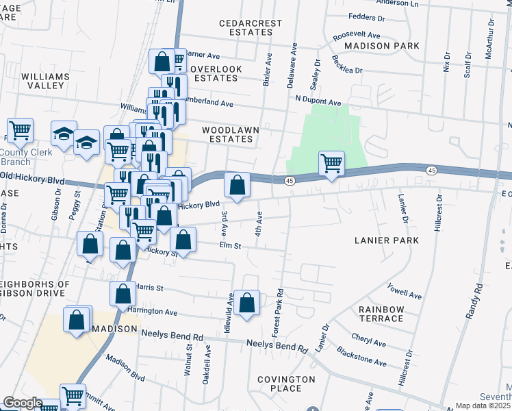 map of restaurants, bars, coffee shops, grocery stores, and more near 346 East Old Hickory Boulevard in Nashville
