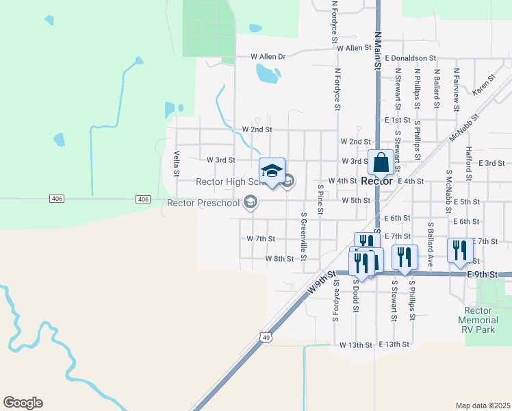 map of restaurants, bars, coffee shops, grocery stores, and more near 721 West 5th Street in Rector