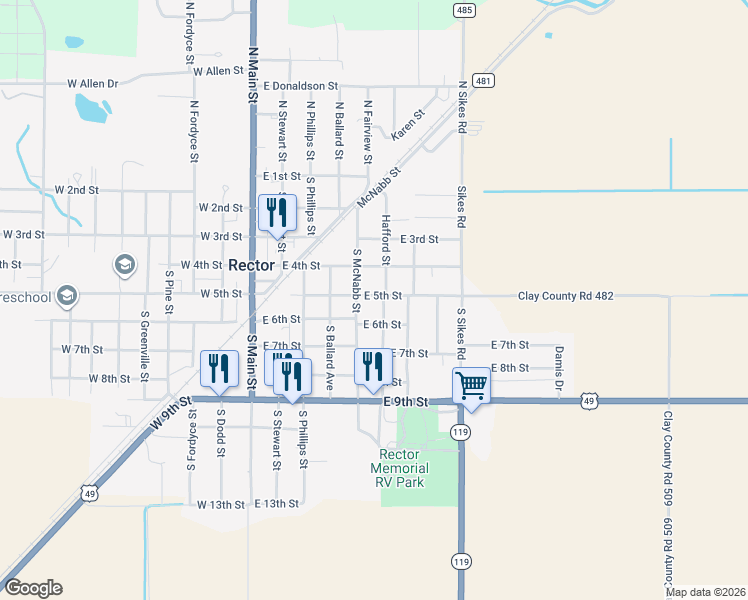 map of restaurants, bars, coffee shops, grocery stores, and more near 502 East 5th Street in Rector