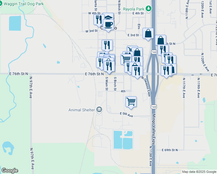 map of restaurants, bars, coffee shops, grocery stores, and more near 311 South Main Street in Owasso