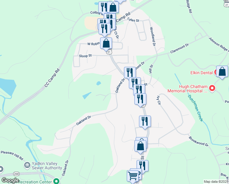 map of restaurants, bars, coffee shops, grocery stores, and more near 162 Oakland Drive in Elkin