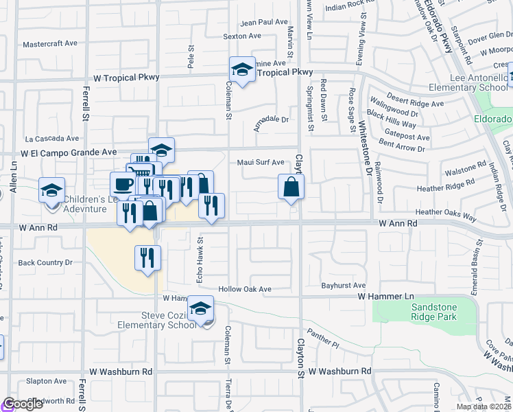map of restaurants, bars, coffee shops, grocery stores, and more near 2213 Mystic Wave Road in North Las Vegas