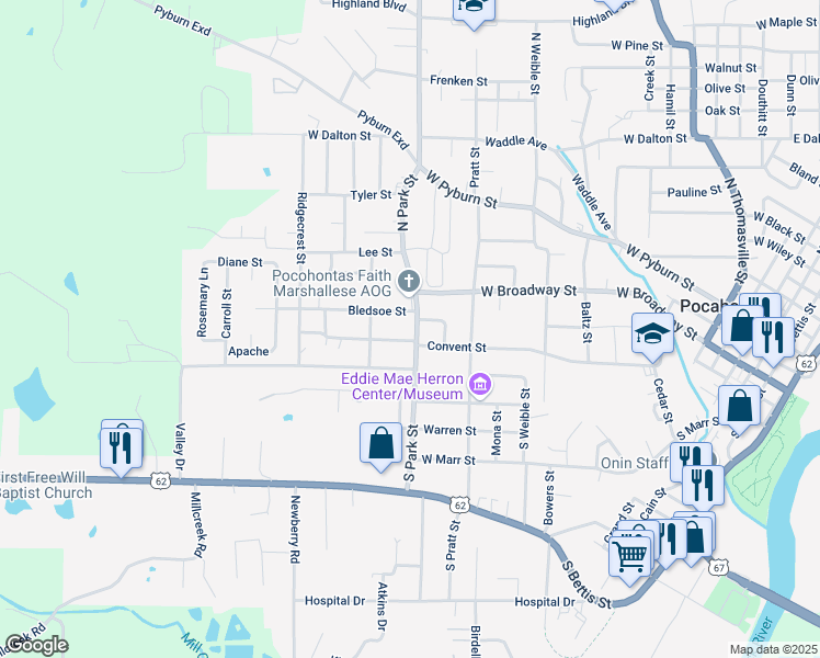map of restaurants, bars, coffee shops, grocery stores, and more near 207 South Park Street in Pocahontas