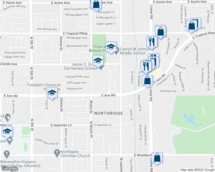 map of restaurants, bars, coffee shops, grocery stores, and more near 5625 Midnight Breeze Street in North Las Vegas