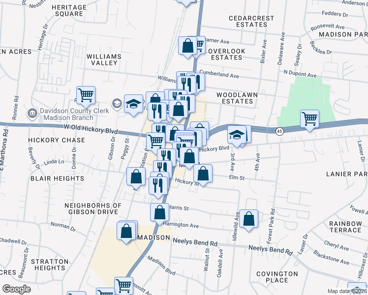 map of restaurants, bars, coffee shops, grocery stores, and more near 101 East Old Hickory Boulevard in Nashville