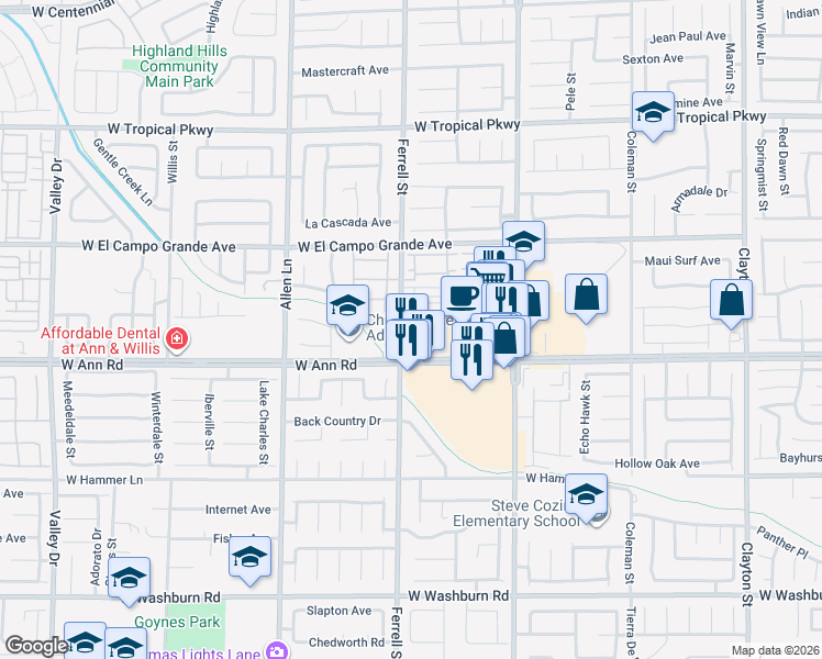 map of restaurants, bars, coffee shops, grocery stores, and more near 5660 Ferrell Street in North Las Vegas