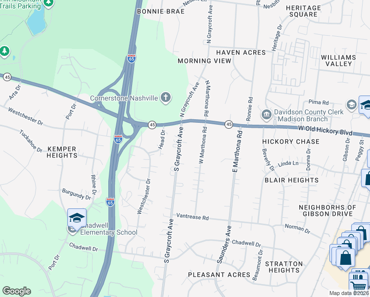 map of restaurants, bars, coffee shops, grocery stores, and more near 101 South Graycroft Avenue in Nashville