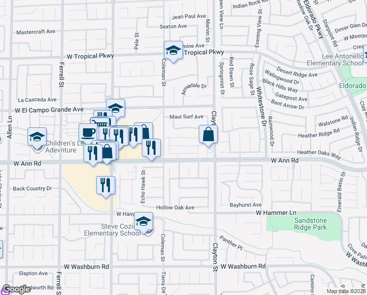 map of restaurants, bars, coffee shops, grocery stores, and more near 2213 Mystic Wave Road in North Las Vegas