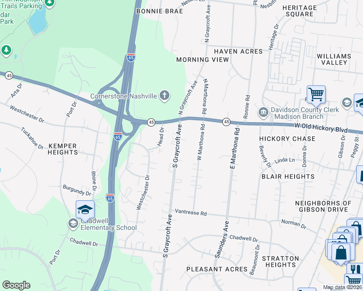 map of restaurants, bars, coffee shops, grocery stores, and more near 101 South Graycroft Avenue in Nashville